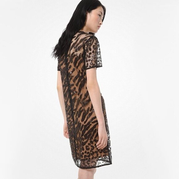 NWT MICHAEL Michael Kors black sequin & crystal leopard print mesh t-shirt dress - Picture 3 of 7
